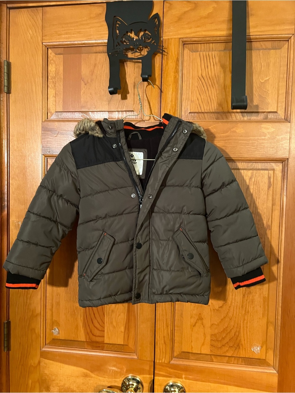 Kids Olive Green Puffer Jacket with Faux Fur Hood